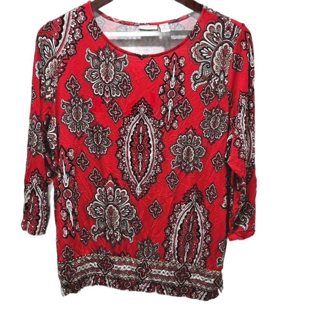 Chico’s geometric red print blouse size 2 GUC